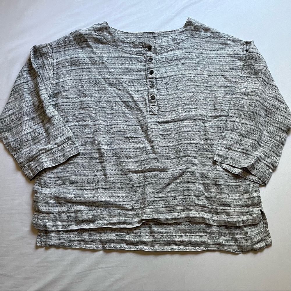 PURE JILL heather grey linen boxy polo 3/4‎ long sleeve top